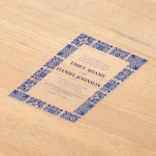 ブルー・タルヴェラ スペイン メキシコ 目的地 ウェディング アクリル招待状 (レイダウン)