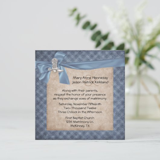 ブルー&タンウェスタン素朴テーマ結婚式招待状 招待状 (スタンド正面)