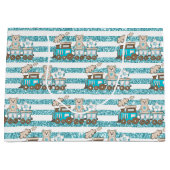 ブルー&タングリッタールック男の赤ちゃんテディベアーズトレイン ラージペーパーバッグ (正面)