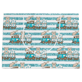 ブルー&タングリッタールック男の赤ちゃんテディベアーズトレイン ラージペーパーバッグ