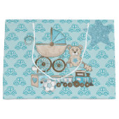 ブルー&タングリッタールック男の赤ちゃんテディベアーズトレイン ラージペーパーバッグ (正面)