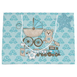 ブルー&タングリッタールック男の赤ちゃんテディベアーズトレイン ラージペーパーバッグ