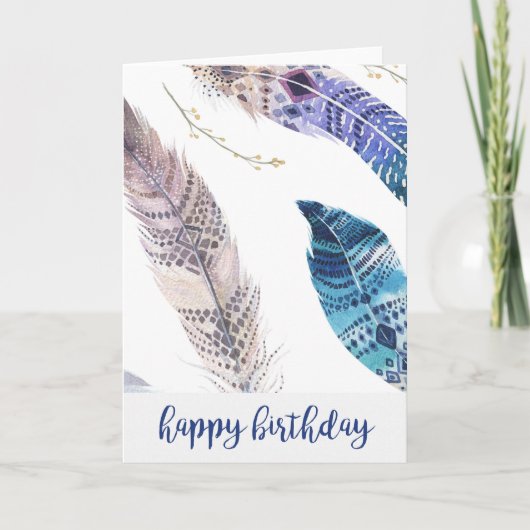 ブルー&タン水色の羽誕生日カード カード (正面)
