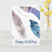 ブルー&タン水色の羽誕生日カード カード (黄色い花)