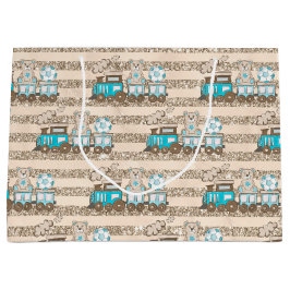 ブルー&タン水色男の赤ちゃん列車 ラージペーパーバッグ