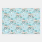 ブルー&タン水色男の赤ちゃん車電車ベア ラッピングペーパーシート (正面3)