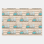 ブルー&タン水色男の赤ちゃん車電車ベア ラッピングペーパーシート (正面2)