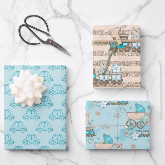 ブルー&タン水色男の赤ちゃん車電車ベア ラッピングペーパーシート (正面)