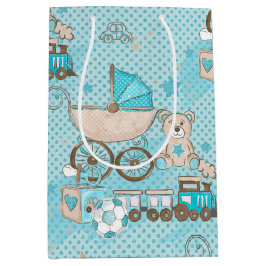 ブルー&タン男の赤ちゃんベアートレインボールブロック ミディアムペーパーバッグ