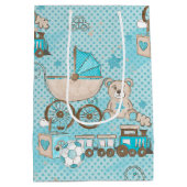 ブルー&タン男の赤ちゃんベアートレインボールブロック ミディアムペーパーバッグ (裏面)