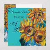 ブルー・ターコイズの夏のひまわりパーティーのモノグラム セーブザデート (正面/裏面)