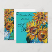 ブルー・ターコイズの夏の太陽花パーティー・モノグラム セーブザデート (正面/裏面)