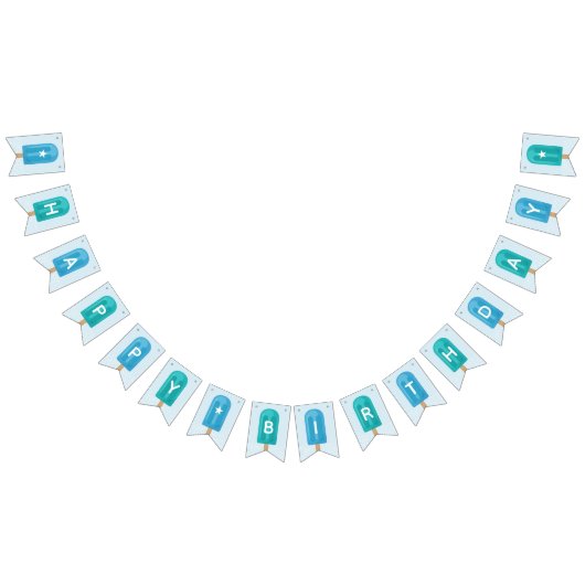 ブルー&ターコイズサマーポップシクルハッピーバースデー バンティングフラッグ (全)