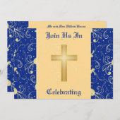 ブルー，ダマスク，クリスチャン・クロス，結婚式招待状 招待状 (正面/裏面)