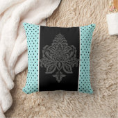 ブルー、ダマスク&ブラック水玉模様装飾用クッション クッション (ブランケット)