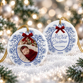 ブルー チノワズリー 赤ちゃんの初めてのクリスマス 写真 オーナメント