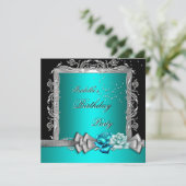 ブルー ティールシルバー 花 ローズ 誕生日パーティー 招待状 (スタンド正面)