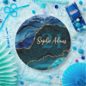 ブルー、ティール(緑がかった色)および金ゴールドグリッターピーコックアゲート誕生日 ペーパープレート (パーティー)