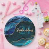 ブルー、ティール(緑がかった色)および金ゴールドグリッターピーコックアゲート誕生日 ペーパープレート (パーティー)