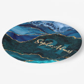 ブルー、ティール(緑がかった色)および金ゴールドグリッターピーコックアゲート誕生日 ペーパープレート (アングル)