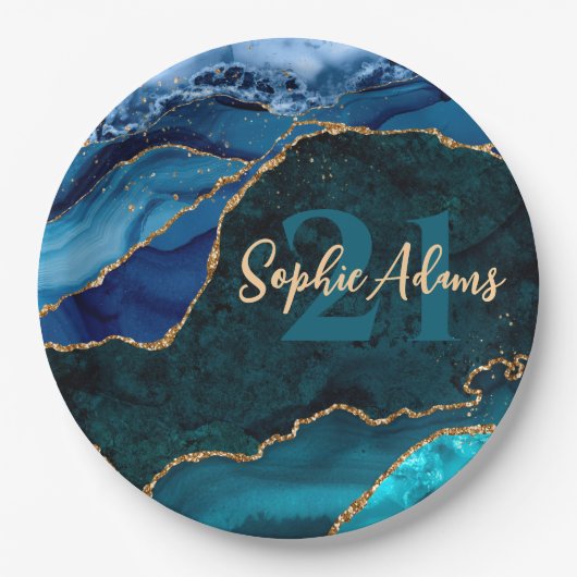 ブルー、ティール(緑がかった色)および金ゴールドグリッターピーコックアゲート誕生日 ペーパープレート (正面)