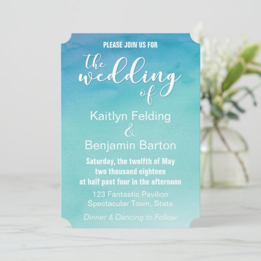 ブルー&ティール（緑がかった色）ウォーグラデーションターカラー結婚式招待状1b 招待状 (スタンド正面)