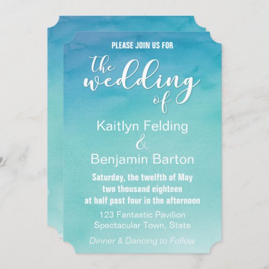 ブルー&ティール(緑がかった色)ウォーグラデーションターカラー結婚式招待状1b 招待状 (正面/裏面)
