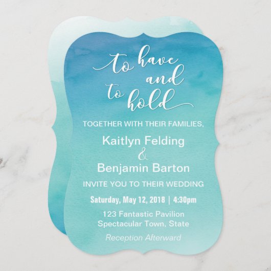 ブルー&ティール（緑がかった色）グラデーションウォーターカラー結婚式招待状2b 招待状 (正面/裏面)