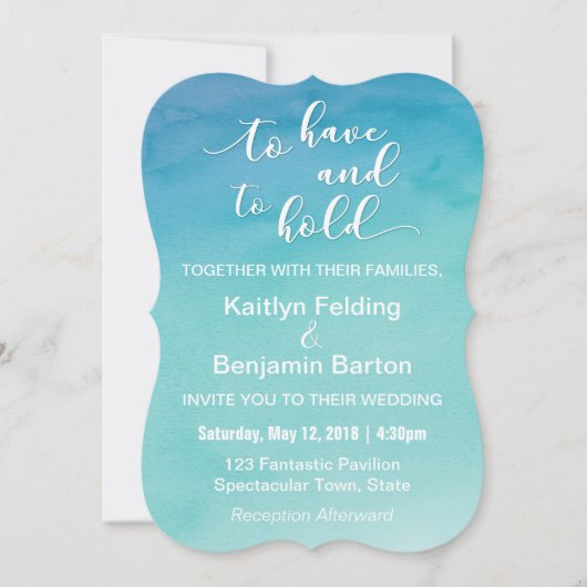 ブルー&ティール（緑がかった色）グラデーションウォーターカラー結婚式招待状2b 招待状 (正面)