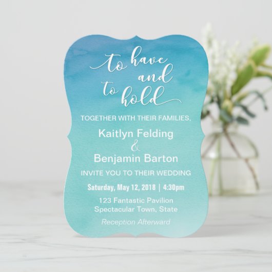 ブルー&ティール（緑がかった色）グラデーションウォーターカラー結婚式招待状2b 招待状 (スタンド正面)