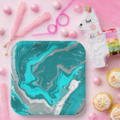 ブルー、ティール（緑がかった色）、ターコイズマーブルフルードアート ペーパープレート (パーティー)