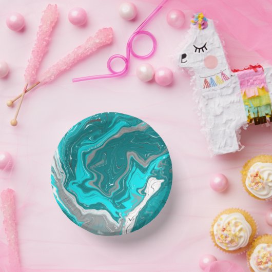 ブルー、ティール（緑がかった色）、ターコイズマーブルフルードアート ペーパーボウル (パーティー)