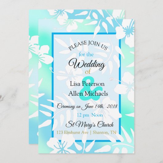 ブルー&ティール(緑がかった色)ハイビスカス結婚式招待状 招待状 (正面/裏面)