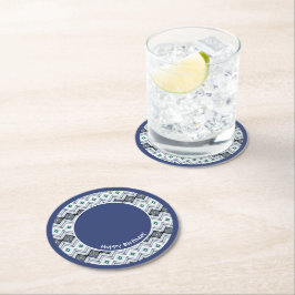 ブルー&ティール（緑がかった色）ハッピーバースデー紙コースター ラウンドペーパーコースター