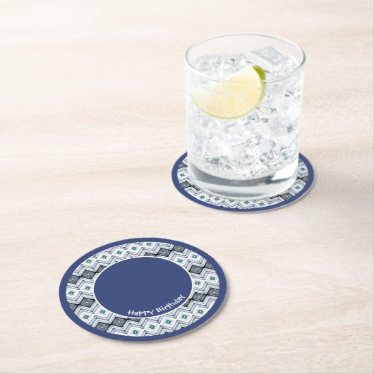 ブルー&ティール（緑がかった色）ハッピーバースデー紙コースター ラウンドペーパーコースター (インサイチュ)