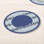 ブルー&ティール（緑がかった色）ハッピーバースデー紙コースター ラウンドペーパーコースター (アングル)