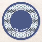 ブルー&ティール（緑がかった色）ハッピーバースデー紙コースター ラウンドペーパーコースター (正面)