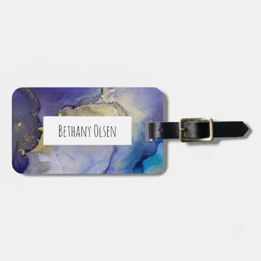 ブルー、ティール(緑がかった色)、パープル、金ゴールドアルコールインク抽象芸術 ラゲッジタグ (正面横)