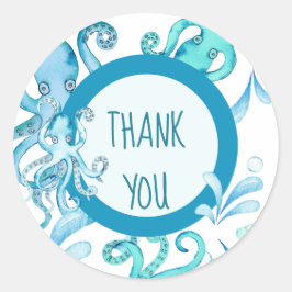 ブルー&ティール（緑がかった色）水彩ベビーシータコありがとう ラウンドシール