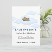 ブルー テディベア ベビーシャワー Save the Date カード (スタンド正面)