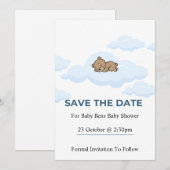 ブルー テディベア ベビーシャワー Save the Date カード (正面/裏面)