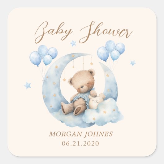 ブルー テディベア 星 赤ちゃんの歓迎会 スクエアシール (正面)