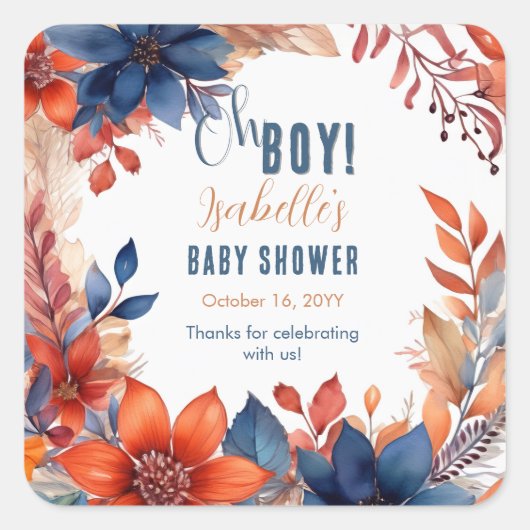 ブルー | テラコッタオボーイ秋フローラベビーシャワー スクエアシール (正面)
