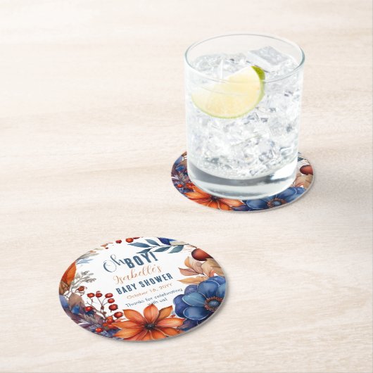 ブルー | テラコッタオボーイ秋フローラベビーシャワー ラウンドペーパーコースター (インサイチュ)