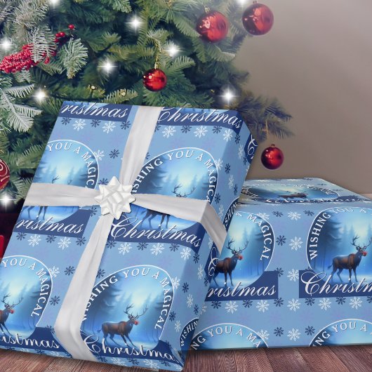 ブルー・トナカイと雪の結晶 クリスマス ラッピングペーパー