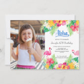 ブルー|トロピカルフラミンゴルアウ（ハワイ式宴会）フォト誕生日 招待状 (正面)