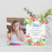 ブルー|トロピカルフラミンゴルアウ（ハワイ式宴会）フォト誕生日 招待状 (スタンド正面)
