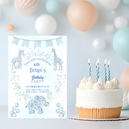  ブルー・トワル・ジャングル動物キッズ誕生日 招待状