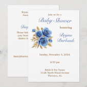 ブルー&ナチュラル花模様ベビーシャワー招待状 招待状 (正面/裏面)