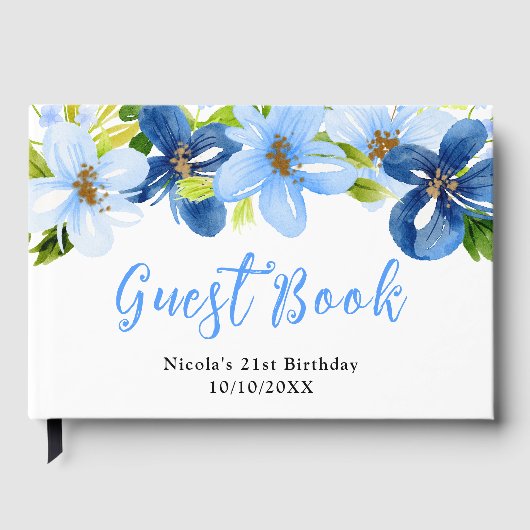 ブルー+ネイビーの花と葉っぱの誕生日 ゲストブック (正面)